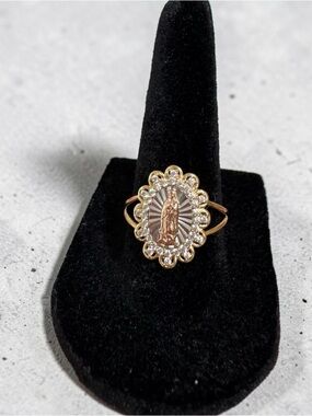 14K Gold-Tone Religious Medallion Ring with Crystal Halo -size 7.5